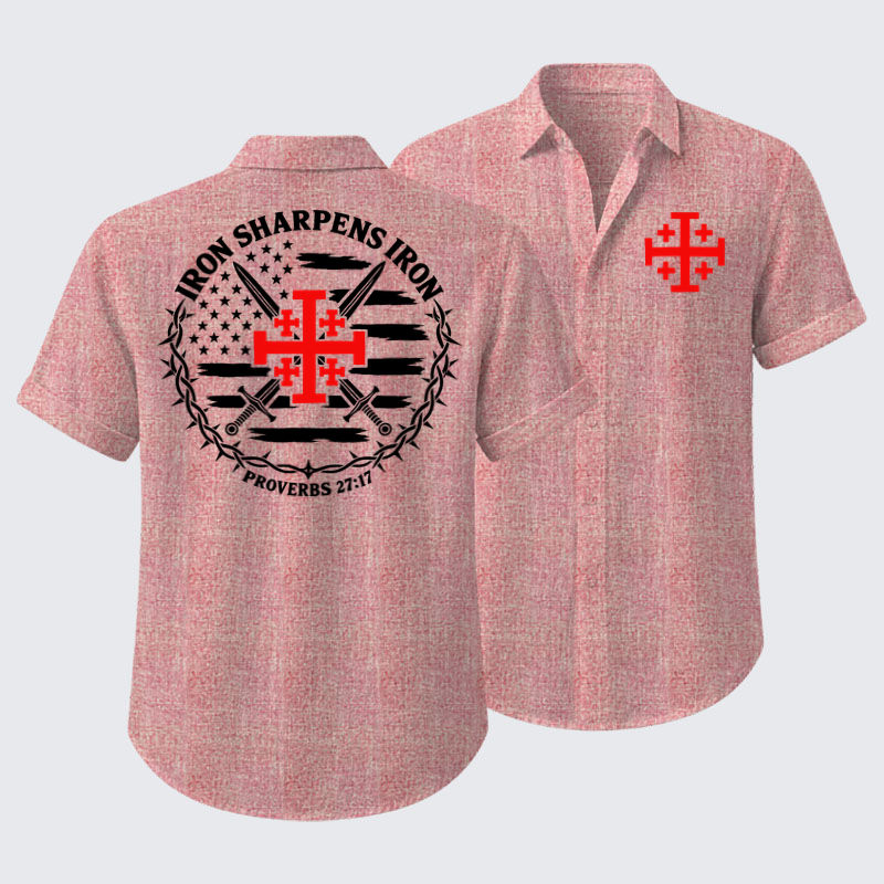 Short Sleeve Casual Shirt - Iron Sharpens Iron – Jerusalem Cross & American Flag - Pink (front and back)