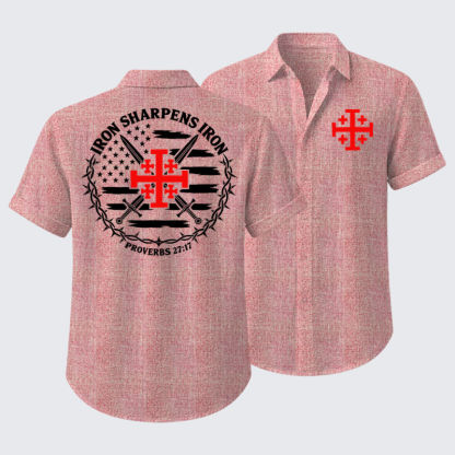 Short Sleeve Casual Shirt - Iron Sharpens Iron – Jerusalem Cross & American Flag - Pink (front and back)