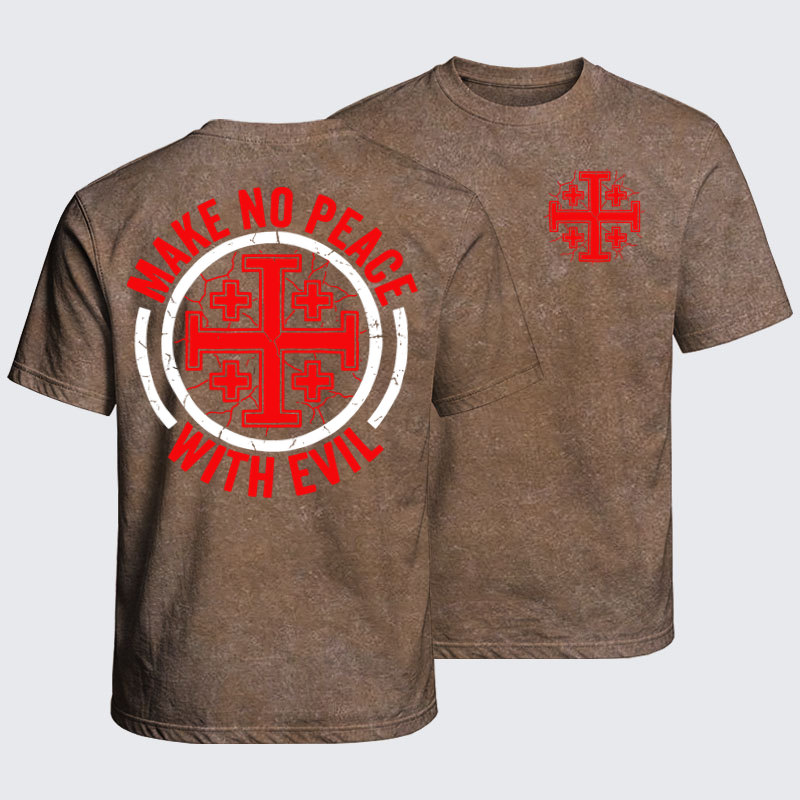 Washed T-Shirt - Make No Peace with Evil Knight Templar Jerusalem Cross - Coffee (front and back)