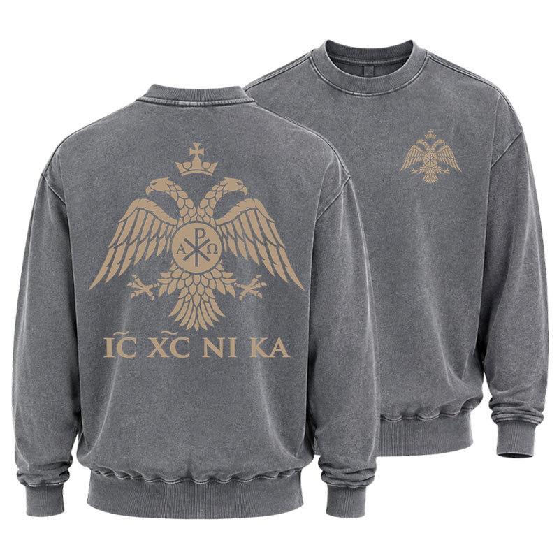 Washed Sweatshirt - IC XC NIKA – Chi-Rho Double-Headed Eagle - Grey (front and back)