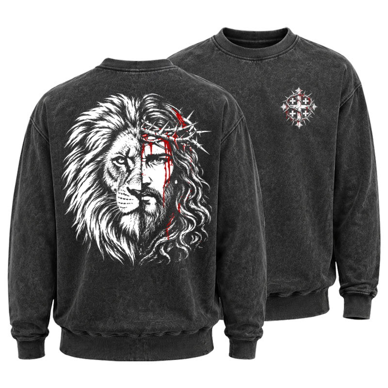 Washed Sweatshirt - Lion of Judah & Jesus – Crown of Thorns - Black (front and back)