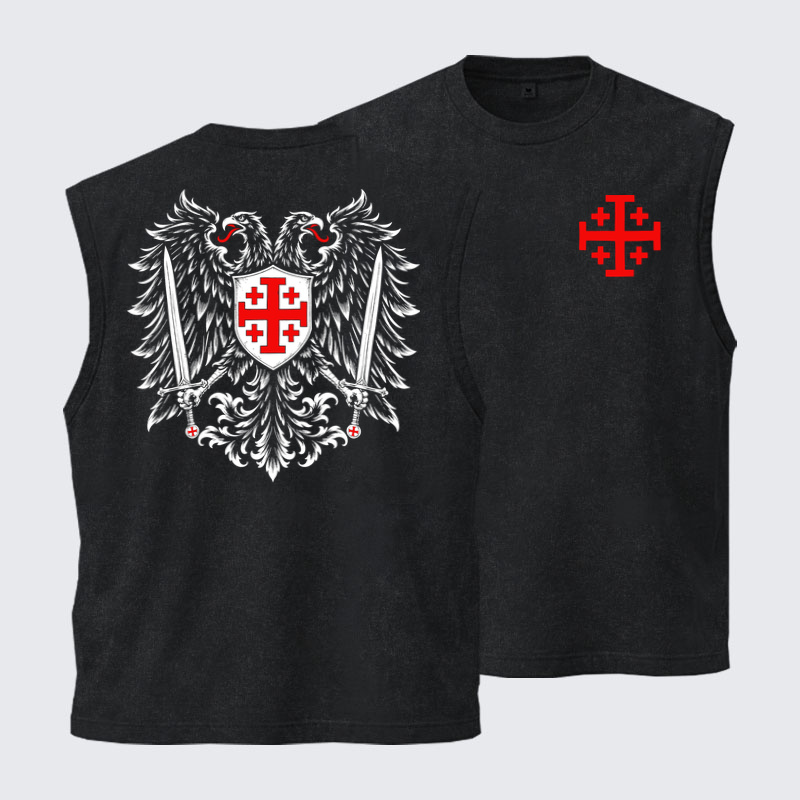 Washed Tank Top - Jerusalem Cross – Christian Double-Headed Eagle Warrior - Black (front and back)