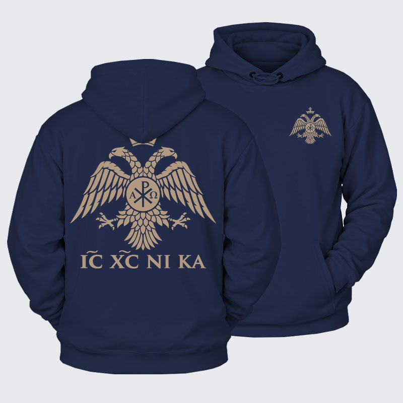 Plush Fleece-Lined Hoodie - IC XC NIKA – Chi-Rho Double-Headed Eagle - Navy Blue (front and back)