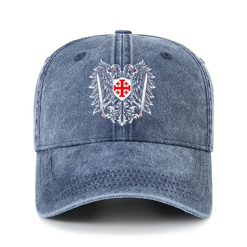Heritage Washed Cap - Jerusalem Cross – Christian Double-Headed Eagle Warrior - Navy (front)