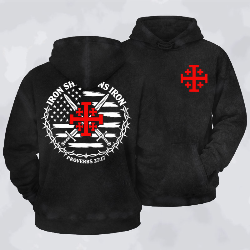Washed Hoodie - Iron Sharpens Iron – Jerusalem Cross & American Flag - Black (front and back)