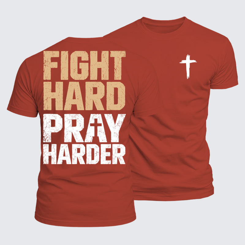 Luxe Mercerized Cotton Tee - Fight Hard Pray Harder - Brick Red (front and back)