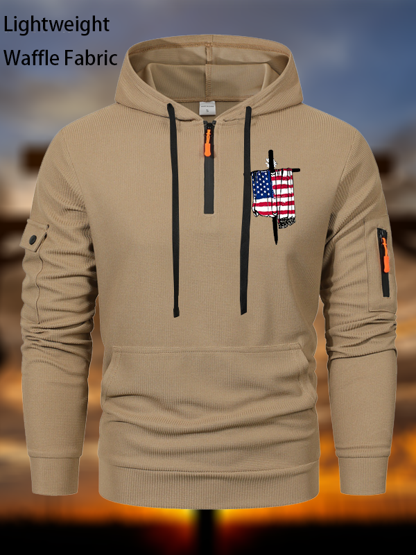 Faith Flag Cross Print Christian Waffle Fabric Zipper Hoodies