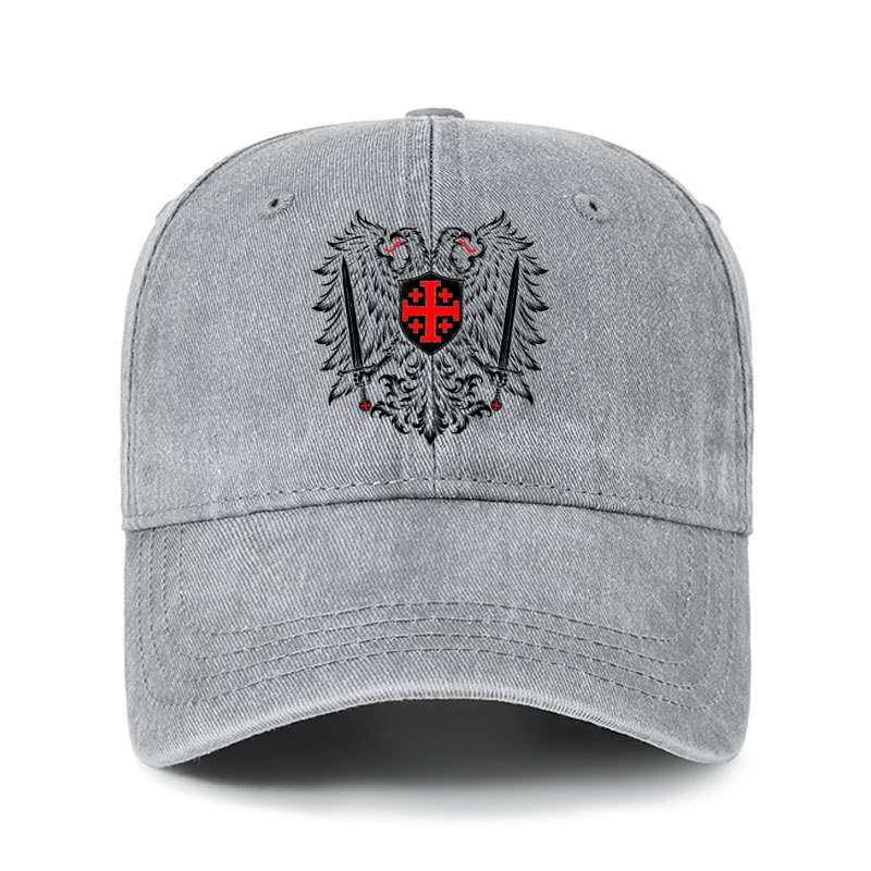 Heritage Washed Cap - Jerusalem Cross – Christian Double-Headed Eagle Warrior - Gray (front)
