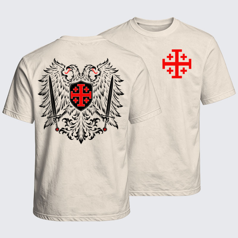 Washed T-Shirt - Jerusalem Cross – Christian Double-Headed Eagle Warrior - Beige (front and back)