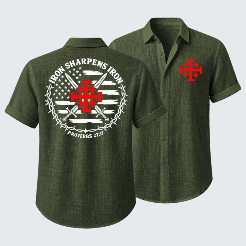 Short Sleeve Casual Shirt - Iron Sharpens Iron – Jerusalem Cross & American Flag - Green (front and back)