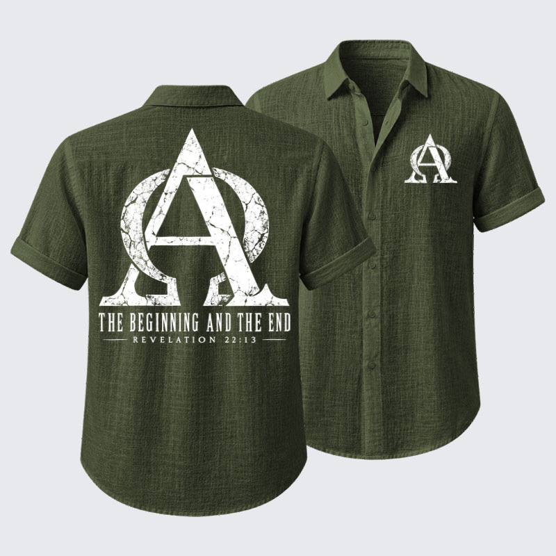 Short Sleeve Casual Shirt - Alpha & Omega – The Beginning and the End - Green (front and back)