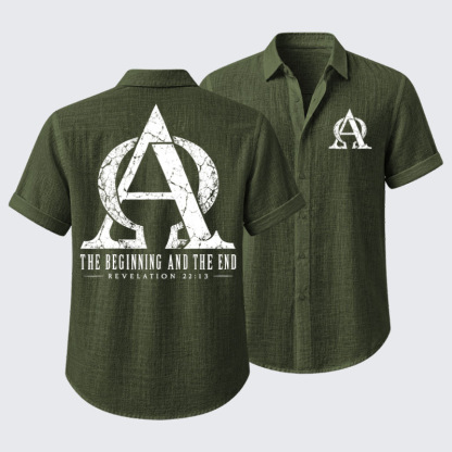 Short Sleeve Casual Shirt - Alpha & Omega – The Beginning and the End - Green (front and back)