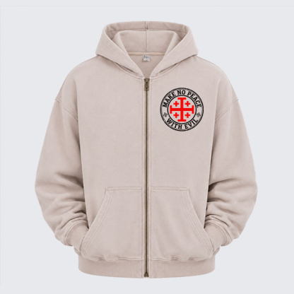 Washed Zip-Up Hoodie -Make No Peace with Evil Knight Templar Jerusalem Cross