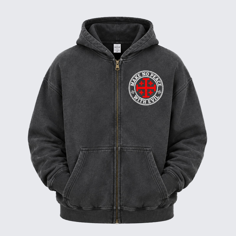 Washed Zip-Up Hoodie -Make No Peace with Evil Knight Templar Jerusalem Cross