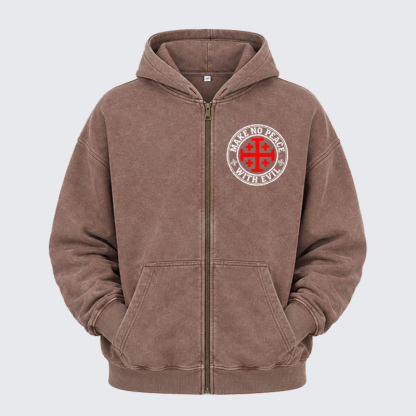 Washed Zip-Up Hoodie -Make No Peace with Evil Knight Templar Jerusalem Cross