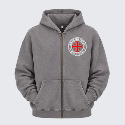 Washed Zip-Up Hoodie -Make No Peace with Evil Knight Templar Jerusalem Cross