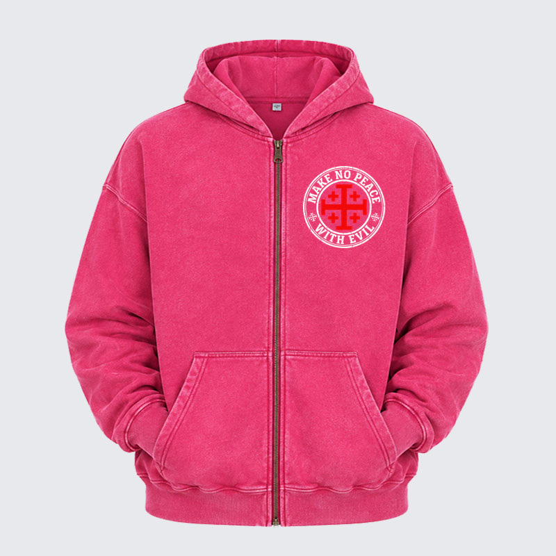 Washed Zip-Up Hoodie -Make No Peace with Evil Knight Templar Jerusalem Cross