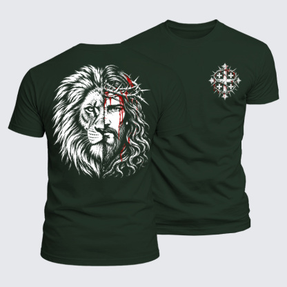 Luxe Mercerized Cotton Tee -Lion of Judah & Jesus – Crown of Thorns