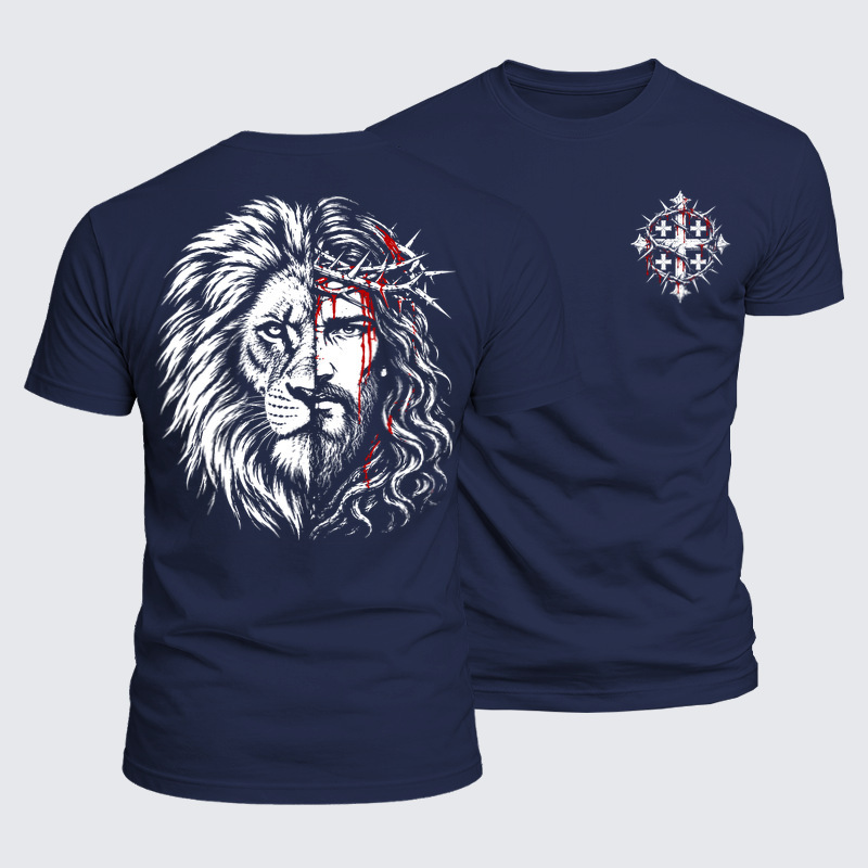 Luxe Mercerized Cotton Tee -Lion of Judah & Jesus – Crown of Thorns