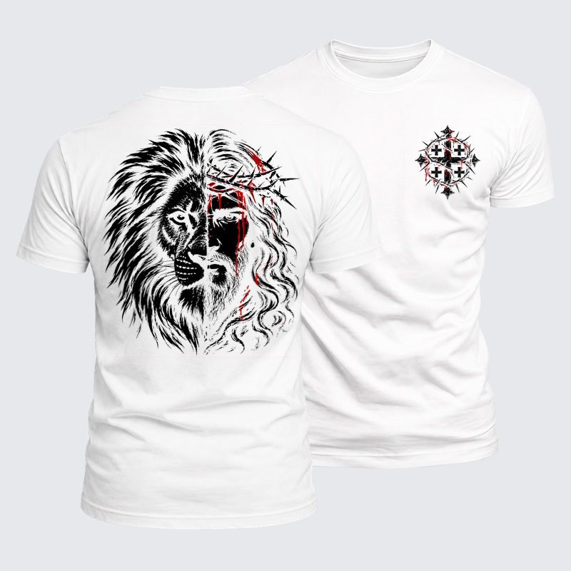 Luxe Mercerized Cotton Tee -Lion of Judah & Jesus – Crown of Thorns