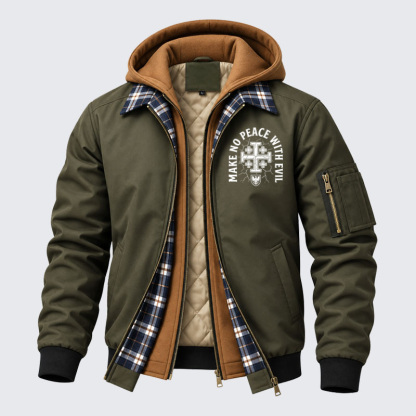 Hooded Bomber Jacket - Make No Peace with Evil Knight Templar Jerusalem Cross