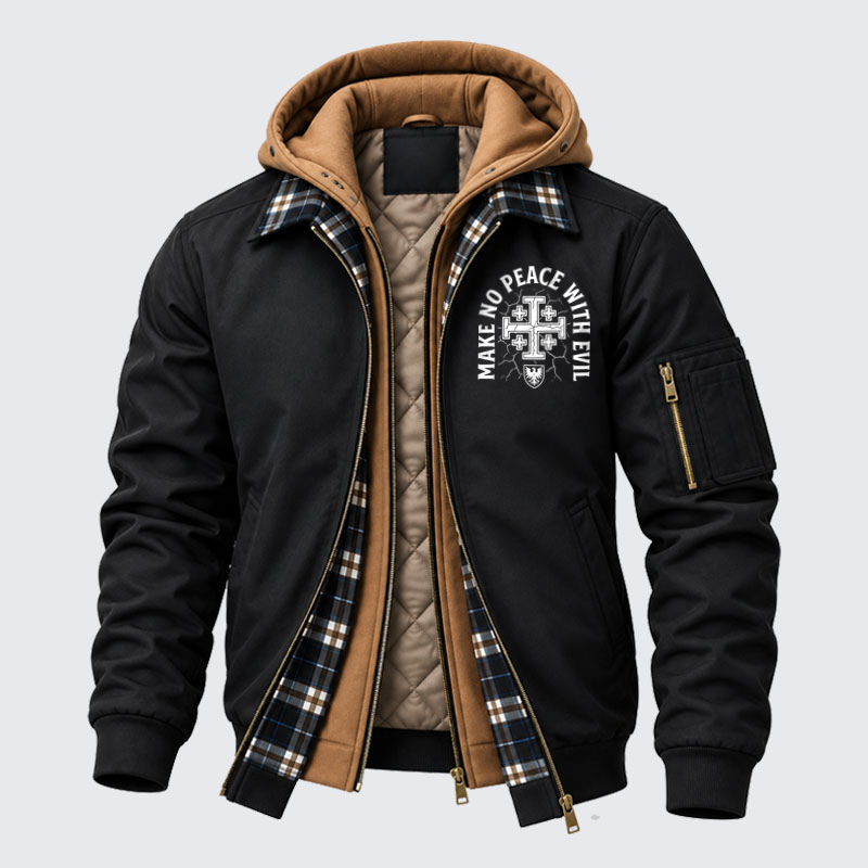 Hooded Bomber Jacket - Make No Peace with Evil Knight Templar Jerusalem Cross