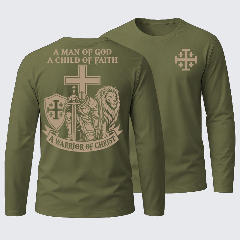 Long Sleeve Cotton Tee - A Man of God – Christian Warrior Knight & Lion