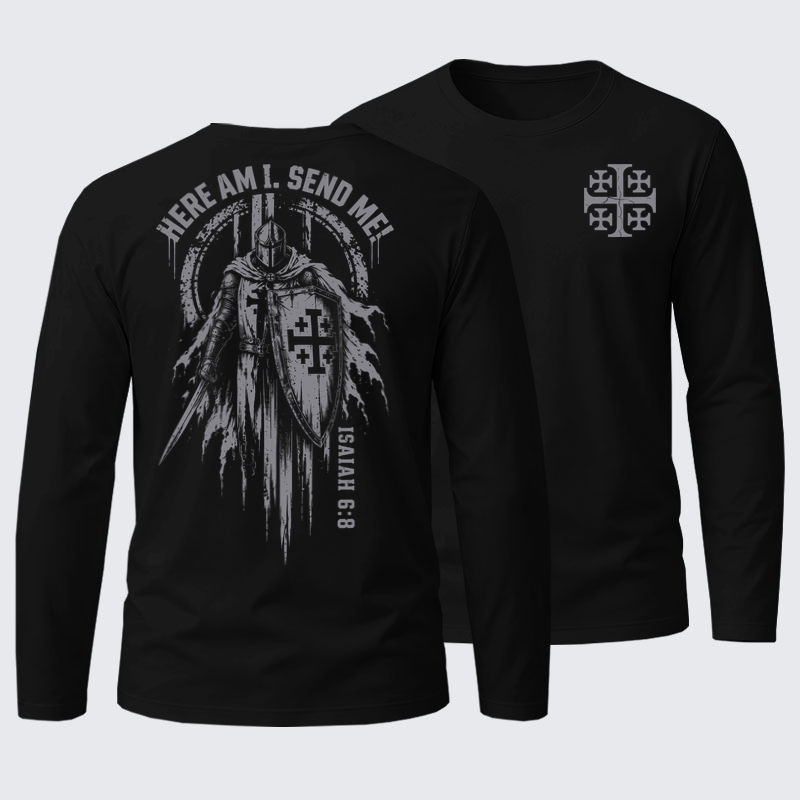 Long Sleeve Cotton Tee - Here Am I, Send Me – Isaiah 6:8 Christian Knight