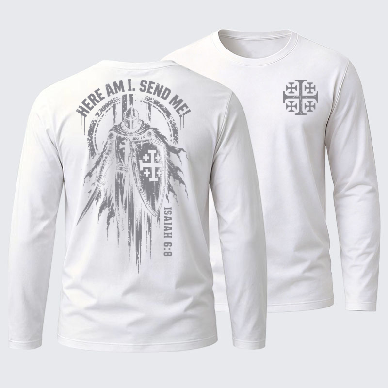 Long Sleeve Cotton Tee - Here Am I, Send Me – Isaiah 6:8 Christian Knight