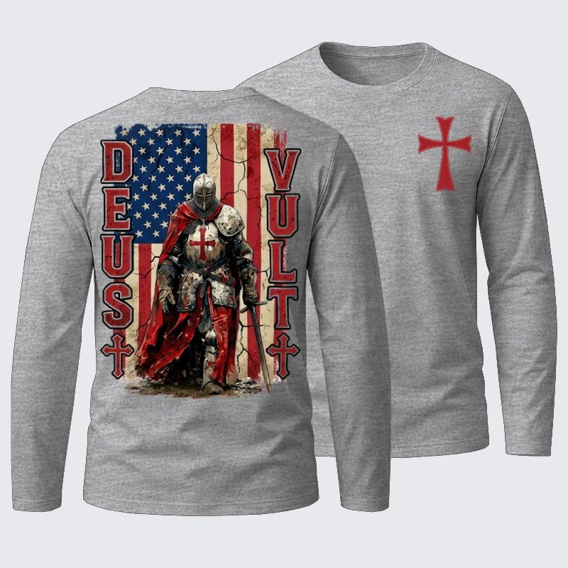 Deus Vult Knight Templar American Flag Crusader Cotton Long Sleeve T-Shirt