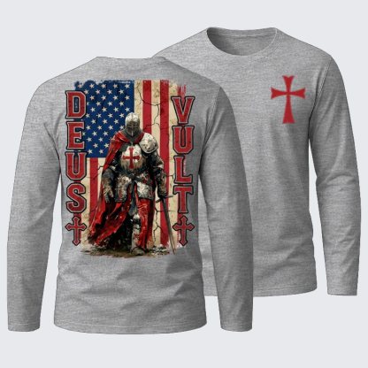 Deus Vult Knight Templar American Flag Crusader Cotton Long Sleeve T-Shirt