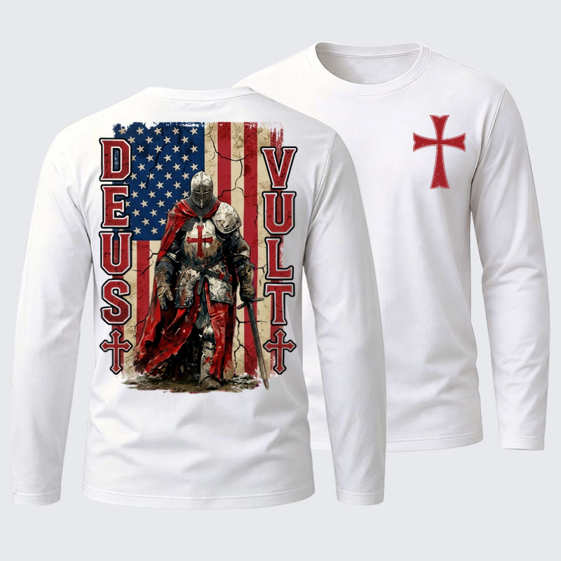 Deus Vult Knight Templar American Flag Crusader Cotton Long Sleeve T-Shirt