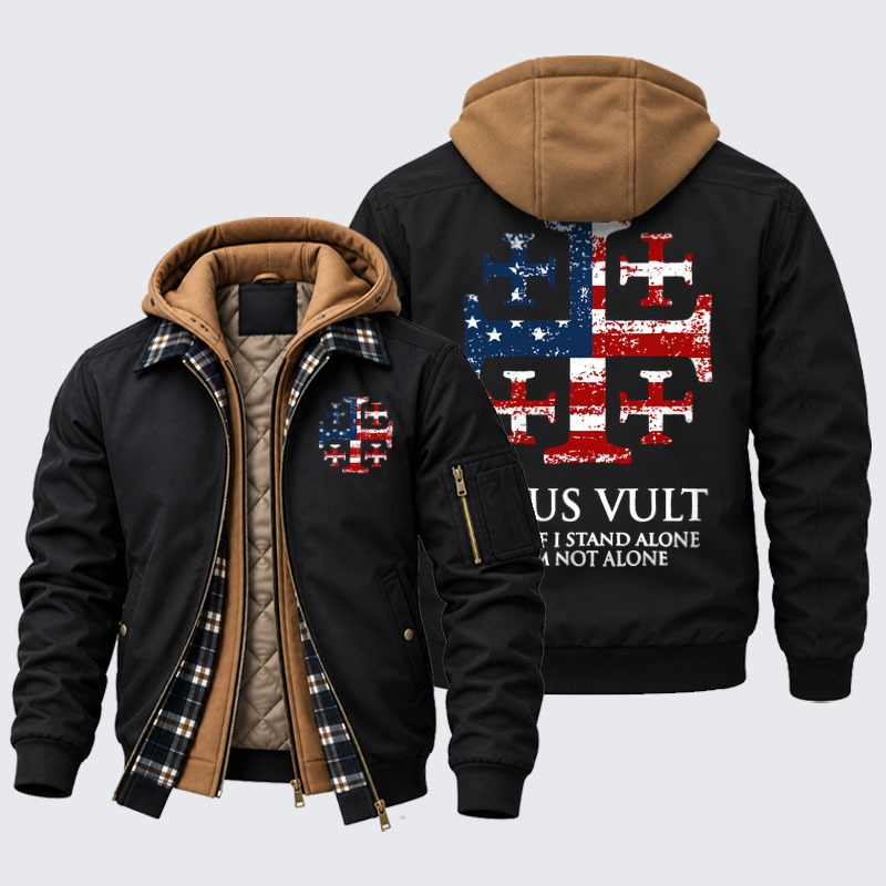 Hooded Bomber Jacket - Deus Vult Jerusalem Cross Usa Flag Even If I Stand Alone, I Am Not Alone