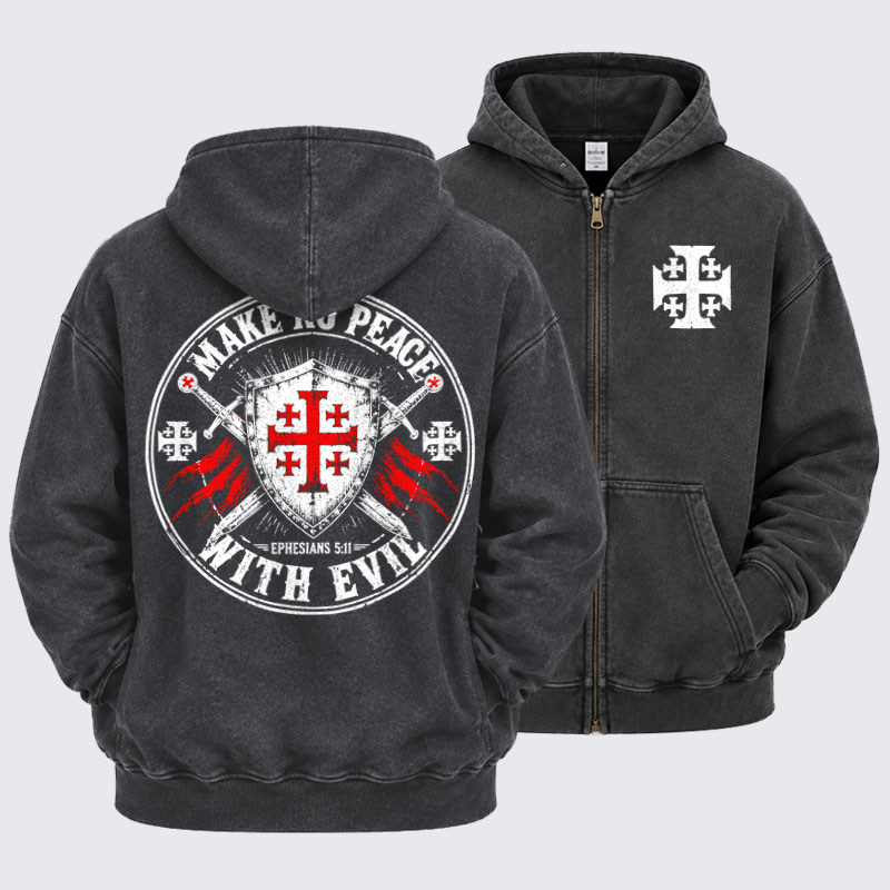 Washed Zip-Up Hoodie - Make No Peace with Evil Knight Templar Jerusalem Cross