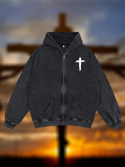 Cross Jesus God Christian Washed Zip-Up Hoodie