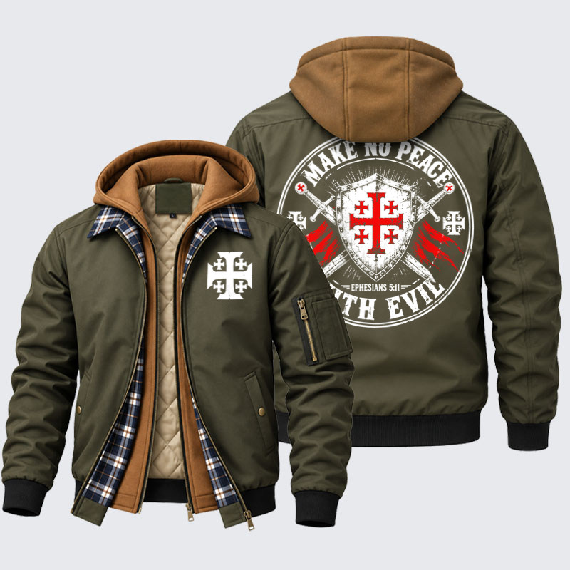 Hooded Bomber Jacket - Make No Peace with Evil Knight Templar Jerusalem Cross