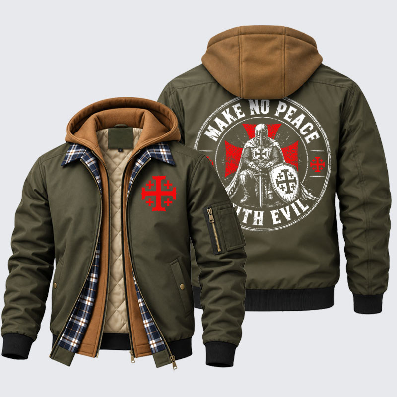 Hooded Bomber Jacket - Make No Peace with Evil Knight Templar Jerusalem Cross