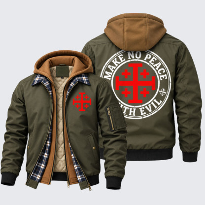 Hooded Bomber Jacket - Make No Peace with Evil Knight Templar Jerusalem Cross