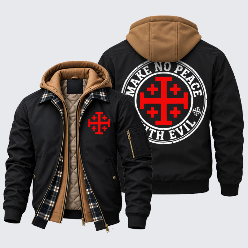 Hooded Bomber Jacket - Make No Peace with Evil Knight Templar Jerusalem Cross