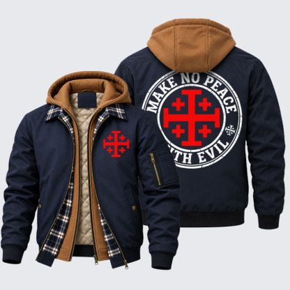 Hooded Bomber Jacket - Make No Peace with Evil Knight Templar Jerusalem Cross