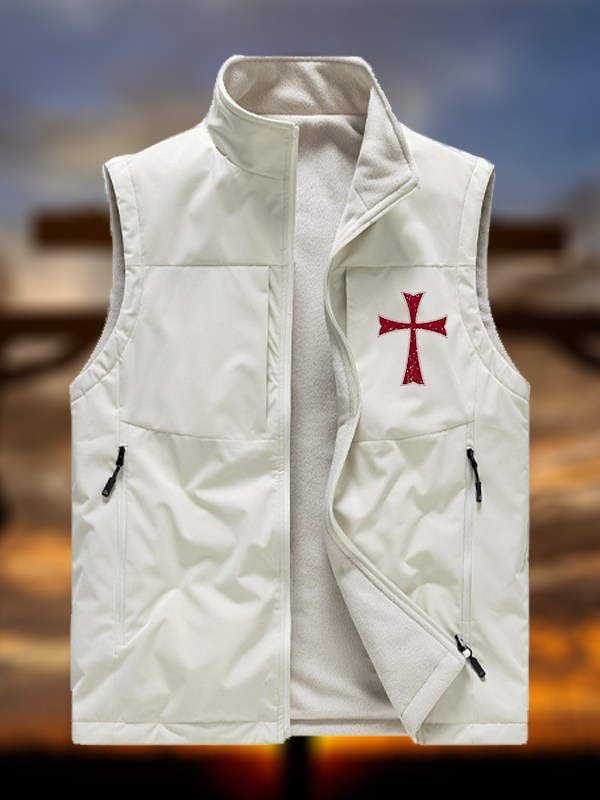 Knights Templar Crusader Cross Jesus God Christian Reversible Outdoor Fleece-Lined Multi-Pocket Vest