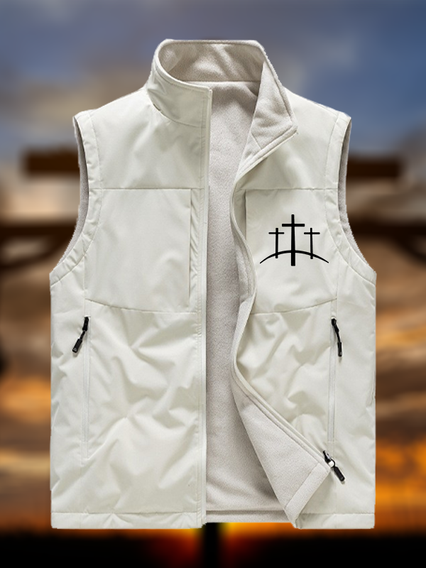 Cross Printed Jesus God Christian Reversible Outdoor Fleece-Lined Multi-Pocket Vest