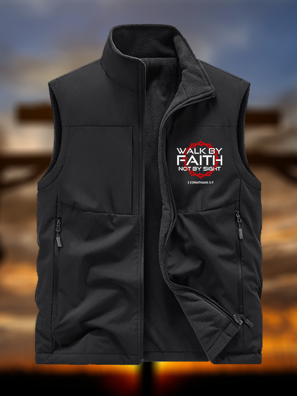 Walk By Faith Not By Sight 2 Corinthians 5:7 Cross Jesus God Christian Reversible Outdoor Fleece-Lined Multi-Pocket Vest