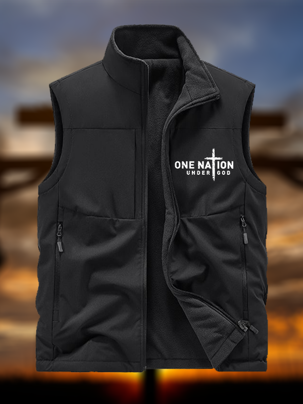 One Nation Under God Cross Jesus God Christian Reversible Outdoor Fleece-Lined Multi-Pocket Vest