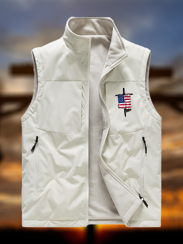 Faith Flag Cross Print Jesus God Christian Reversible Outdoor Fleece-Lined Multi-Pocket Vest