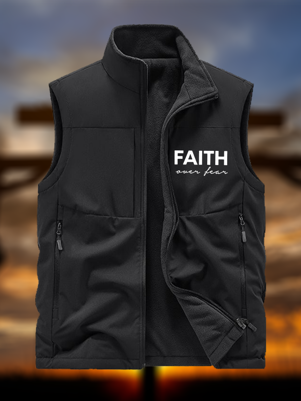 Faith over Fear Jesus God Christian Reversible Outdoor Fleece-Lined Multi-Pocket Vest