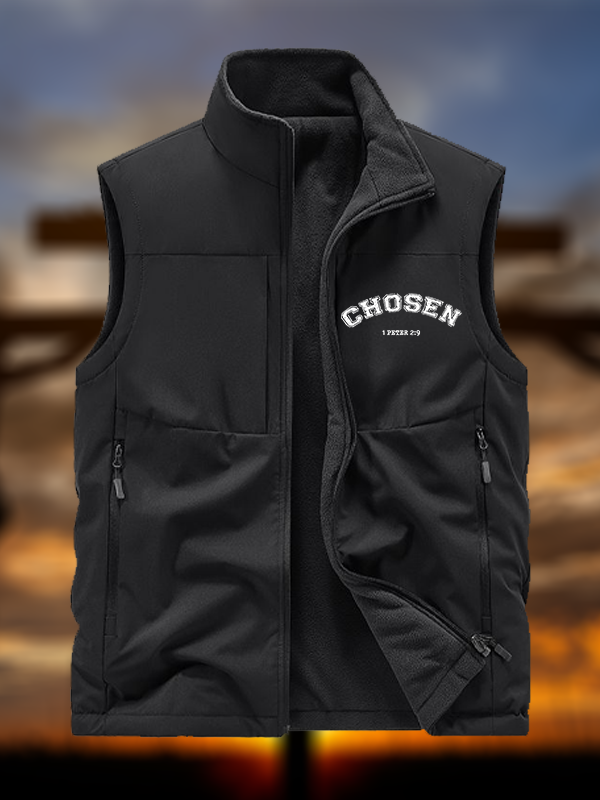 Chosen Jesus God Christian Reversible Outdoor Fleece-Lined Multi-Pocket Vest