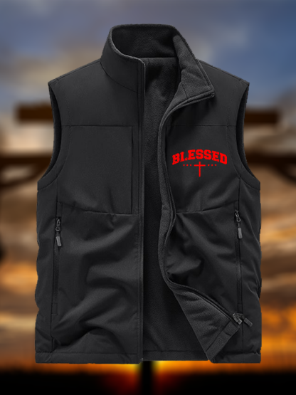Blessed Cross Jesus God Christian Reversible Outdoor Fleece-Lined Multi-Pocket Vest