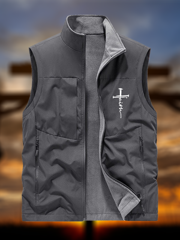 Cross Jesus God Christian Reversible Outdoor Fleece-Lined Multi-Pocket Vest