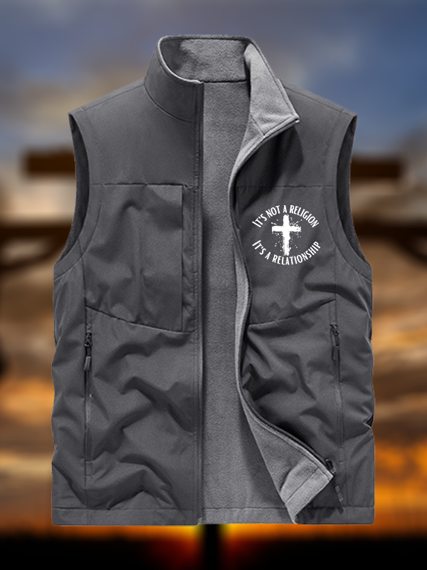 It's Not A Religion It's A Relationship Jesus God Christian Reversible Outdoor Fleece-Lined Multi-Pocket Vest